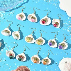 Mixed Color 7 Pairs 304 Stainless Steel Shell Shape with Round Dangle Earrings, with Glass Seed & Shell & Glass Pearl, Golden, Mixed Color, 50.5x27~30mm