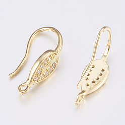 Golden Brass Micro Pave Cubic Zirconia Earring Hooks, with Horizontal Loop, Leaf, Clear, Golden, 21x6mm, Hole: 1.5mm, 20 Gauge, Pin: 0.8mm