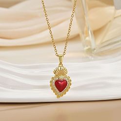 Красный Подвеска в виде священного сердца из латуни с микропаве из прозрачного кубического циркония и эмалью 304 цепочка из нержавеющей стали, золотые, красные, 15.75 дюйм (40 см), Кулон : 25 мм