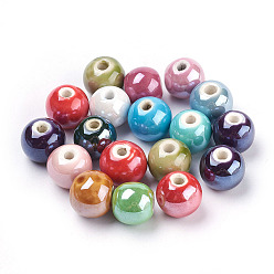 Mixed Color Handmade Porcelain Beads, Pearlized, Round, Mixed Color, 14mm, Hole: 2.5~4mm
