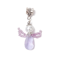лаванда Стеклянные подвески, ангельские прелести, со стеклянной жемчужной бусиной и 304 шовными бусинами из нержавеющей стали и трубчатыми дужками из сплава в тибетском стиле, граненые, лаванда, 32~33x22~23x8 мм, отверстие : 5 мм
