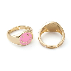 Pink Adjustable Brass Enamel Finger Rings, Long-Lasting Plated, Smiling Face, Real 18K Gold Plated, Pink, US Size 7 1/4(17.5mm)