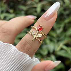 Red Brass Micro Pave Cubic Zirconia Cuff Open Rings for Women, with Enamel, Flower, Real 18K Gold Plated, Red, US Size 4 1/4(15mm)~20mm