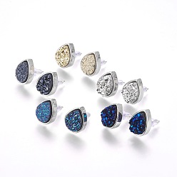 (52) Непрозрачная лаванда Латунь серьги, с druzy кабошонов смолы, слеза, платина, разноцветные, 14.5x11.5x4~6 мм, штифты : 0.8 мм