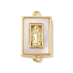 Настоящее золото 18K Латунный паве натуральный белый ракушка религиозные соединители подвески, прямоугольник девственные ссылки, долговечный, без свинца и без кадмия, стойки покрытие, реальный 18 k позолоченный, 19.5x11x2 мм, отверстия : 1.2 mm и 1.4 мм