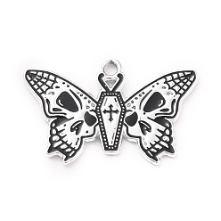 Platinum Halloween Alloy Enamel Pendants, Butterfly with Skull, Platinum, 19x30x1mm, Hole: 2mm