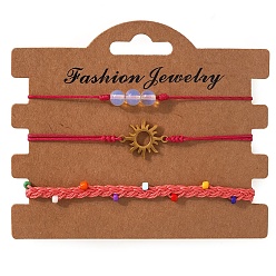 Couleur Mélangete 3Ensembles de bracelets ajustables en perles de verre et cordon en nylon tressé, Bracelets en acier inoxydable à maillons soleil, avec carte papier, couleur mixte, 11.02 pouce (28 cm)
