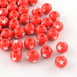 Красный Звезда шаблон непрозрачной акриловые бусины, круглые, красные, 19~20x18 мм, Отверстие : 3 мм , около 116 шт / 500 г
