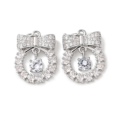 Платинированный Латунные микропаве прозрачные подвески с фианитом, бантом прелести, с целью перехода в кольце, Реальная платина, 21x16.5x4 мм, отверстие : 3.5 мм