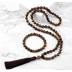 Тигровый глаз Ожерелья и браслеты с подвесками из круглых бусин из натурального тигрового глаза, 850 мм и 180 мм