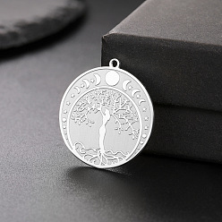 Нержавеющая Сталь Цвет Подвеска из не тускнеющей нержавеющей стали, плоские круглые с дерева жизни, цвет нержавеющей стали, 27x25 мм