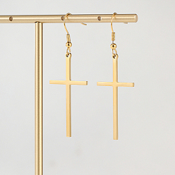Настоящее золото 18K 201 Серьга-крест из нержавеющей стали, для женщин, религия, реальный 18 k позолоченный, 58x20 мм