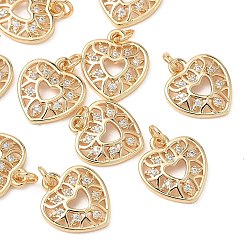 Chapado en Oro Real 18K Colgantes de latón con circonitas cúbicas transparentes de Shegrace para el Día de San Valentín, encantos del corazón, sin cadmio, plomo, níquel, real 18 k chapado en oro, 13.5x12x2.5 mm, agujero: 2.5 mm
