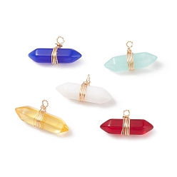 Golden Glass Pendants, with Silver Tone Golden Wire Wrapped, Bullet, Golden, 11x23x7mm, Hole: 1.6mm