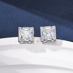 Квадрат Серьги-гвоздики из латунного микро-паве, стойки покрытие, долговечный, без кадмия и без свинца, платина, квадратный, 8.5x8.5 мм