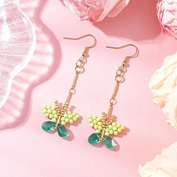 Светло-зеленый Серьги-подвески в виде бабочки из стеклянного бисера ручной работы, золотые, светло-зеленый, 67x22~24.5 мм