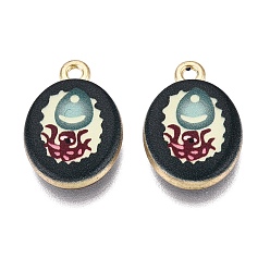Dark Green Printed Alloy Pendants, Rack Plating, Oval & Octopus Charms, Cadmium Free & Nickel Free & Lead Free, Golden, Dark Green, 20x13.5x4mm, Hole: 1.8mm
