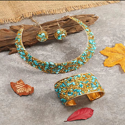 Темно-бирюзовый Комплект из колье, браслета-манжеты и серег-подвесок из сплава со стразами и смоляной крошкой, плоских круглых цепочек, темные бирюзовый, 450 мм