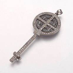 Gunmetal Brass Micro Pave Cubic Zirconia Big Pendants, Key, Gunmetal, 51x20x2mm, Hole: 3x4mm