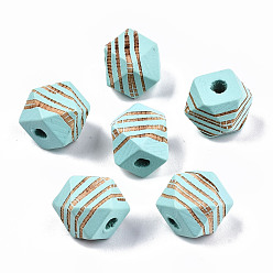 Голубой Расписные бусы из натурального дерева, лазерная гравировка, граненые, многоугольник с полосой зебры, голубой, 12x12x12 мм, отверстие : 3 мм