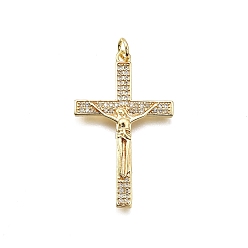 Настоящее золото 18K Латунные микро проложить кубического циркония подвески, крест, долговечный, без свинца и без кадмия, стойки покрытие, с целью перехода в кольце, реальный 18 k позолоченный, 35x21x3 мм, отверстие : 3.5 мм