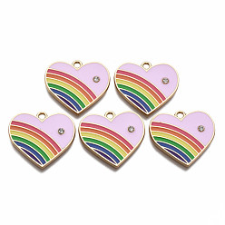 Pearl Pink Alloy Enamel Pendants, Light Gold, with Rhinestone, Cadmium Free & Nickel Free & Lead Free, Heart, Pearl Pink, 21.5x23.5x2.5mm, Hole: 1.8mm