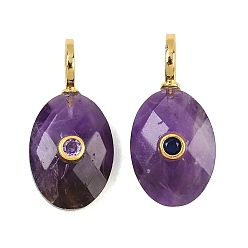 Amethyst Natural Amethyst Pendants, Faceted Oval Charms with Brass Micro Pave Cubic Zirconia(Random Color) Findings, Golden, 27.5x13.5x6.5mm, Hole: 5.5mm