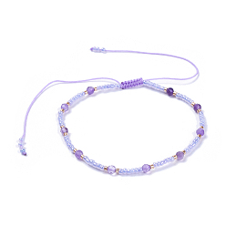 Аметист Регулируемые нейлоновые нити плетеные браслеты из бисера, со стеклянными бусинами и гранеными бусинами из натурального аметиста, 2-1/8 дюйм (5.4 см)