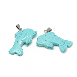 Synthetic Turquoise Dyed Synthetic Turquoise Pendants, with Stainless Steel Snap On Bails, Dolphin, 37~41x24~26x7~10mm, Hole: 6x4mm