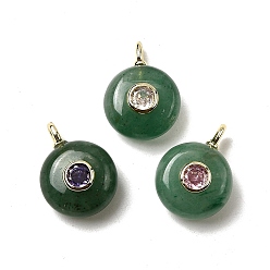 Зеленый Авантюрин Плоские круглые подвески из натурального зеленого авантюрина, подвески из горного хрусталя с латунной микропаве кубическими цирконами, золотые, 17x12x7.5 мм, отверстие : 2x1 мм