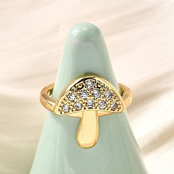 Настоящее золото 16K Латунные микропаве прозрачные кубические цирконии регулируемые открытые манжеты кольца для женщин, без кадмия и без свинца, гриб, реальный 16 k позолоченный, регулируемый; 17.5x16мм