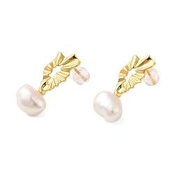 Real 18K Gold Plated Sterling Silver Studs Earrings, with Natural Pearl, Jewely for Women, Flower, Real 18K Gold Plated, 24.5x11mm