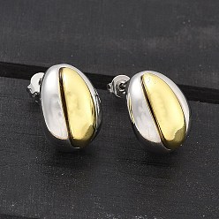Oval Двухцветные серьги-гвоздики из латуни для женщин, стойки покрытие, прочное покрытие, без кадмия и без свинца, реальный 18 k позолоченный, овальные, 12x15.5 мм