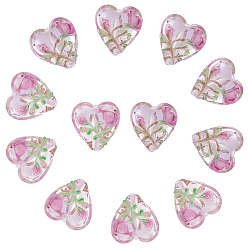 Pearl Pink 20Pcs Handmade Transparent Lampwork Beads, Heart with Flower, Pearl Pink, 14.5~15x15~15.5x9~10mm, Hole: 2mm
