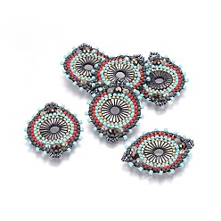 Colorful MIYUKI & TOHO Handmade Japanese Seed Beads Links, Loom Pattern, with Shell, Flat Round, Colorful, 32~33x26~27x4mm, Hole: 2mm