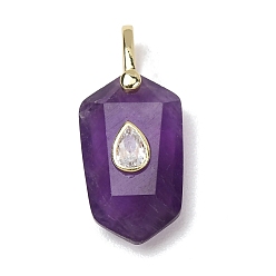 Amethyst Natural Amethyst Pendants, Faceted Hexagon Charms with Brass Micro Pave Cubic Zirconia Findings, Golden, 32.5x14.5x9mm, Hole: 4.5x6.5mm