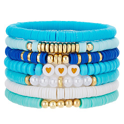 Темно-Голубой 7 Набор эластичных браслетов для женщин с узором в виде сердечек из полимерной глины, пластиковых бусин и жемчуга, а также пластиковых бусин CCB., глубокое синее небо, внутренний диаметр: 2.56~5.12 дюйм (6.5~13 см)