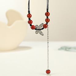 (123L) Белый крем непрозрачный блеск Длинные ожерелья с подвеской в виде бабочки из сплава и фарфора в этническом стиле для женщин, античное серебро, огнеупорный кирпич, 15.75~31.50 дюйм (40~80 см)