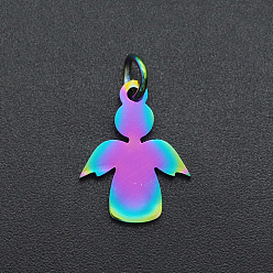 Rainbow Color Ионное покрытие (ip) 201 подвески из нержавеющей стали, с целью перехода в кольце, лазерная резка, ангел, Радуга цветов, 15x11.5x1 мм, Перейти кольцо: 5x0.8 мм, внутренний диаметр: 3 мм