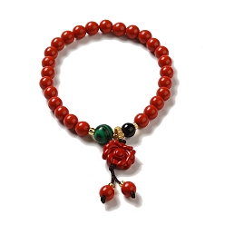 Flower 6mm Round Cinnabar Mala Stretch Bracelets, with Synthetic Malachite and Natural Agate, Flower, Inner Diameter: 2 inch(4.95~5.1cm)