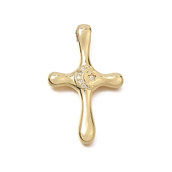 Plaqué 18K Or Véritable Pendentifs en laiton zircon cubique transparent, croix ornée de breloques lune et étoile, réel 18 k plaqué or, 35x21x4.5mm, Trou: 4x2.5mm