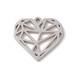 Stainless Steel Color Non-Tarnish 304 Stainless Steel Pendants, Hollow, Heart with Triangle Pattern Charm, Stainless Steel Color, 18.5x20x1.3mm, Hole: 1.6mm