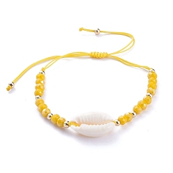 Золотистый Регулируемые нейлоновые нити плетеные браслеты из бисера, с натуральными бусинками из каури, граненые стеклянные бусы и латунные бусы, золотые, Внутренний диаметр: 3.2~7.8 cm