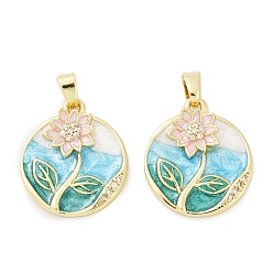 Настоящее золото 18K Латунные микропаве прозрачные подвески с фианитом, цветок, с эмалью, без кадмия и без свинца, реальный 18 k позолоченный, 23x20x4 мм, отверстие : 5.5x3 мм