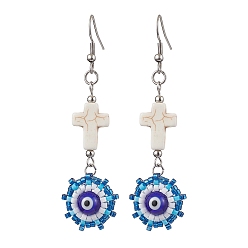 Синий Стекло бисер мотаться серьги, с бусинкой лэмпворк от сглаза и 304 крючками для сережек из нержавеющей стали, синие, 70x19 мм