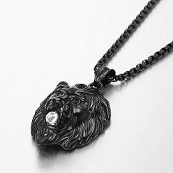 Черный 304 подвеска в виде головы льва из нержавеющей стали с прозрачными кубическими цирконами и цепочкой, чёрные, 27.56 дюйм (70 см)