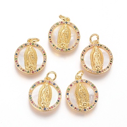 Золотой Латунные подвески, с микро проложить кубического циркония, раковины и прыжковые кольца, плоские круглые с Девой Марией, прозрачные, золотые, 17x15x3 мм, отверстие : 3.5 мм