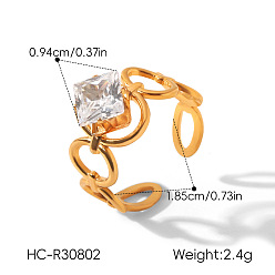 Golden 304 Stainless Steel Pave Clear Cubic Zirconia Cuff Open Rings for Women, Golden, US Size 8 1/2(18.5mm)
