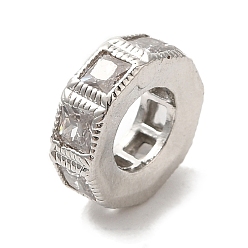 Платина Восьмиугольные латунные микро-паве кубические циркониевые европейские бусины, бусины с большим отверстием, долговечный, без кадмия и без свинца, платина, 10x3.5 мм, отверстие : 5 мм