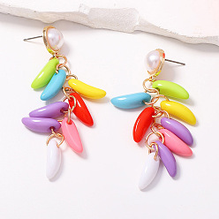Hot Pepper Colorful Plastic Bead Tassel Dangle Earrings, Imitation Pearl Top Alloy Stud Earrings, Golden, Hot Pepper, 75x23.5mm